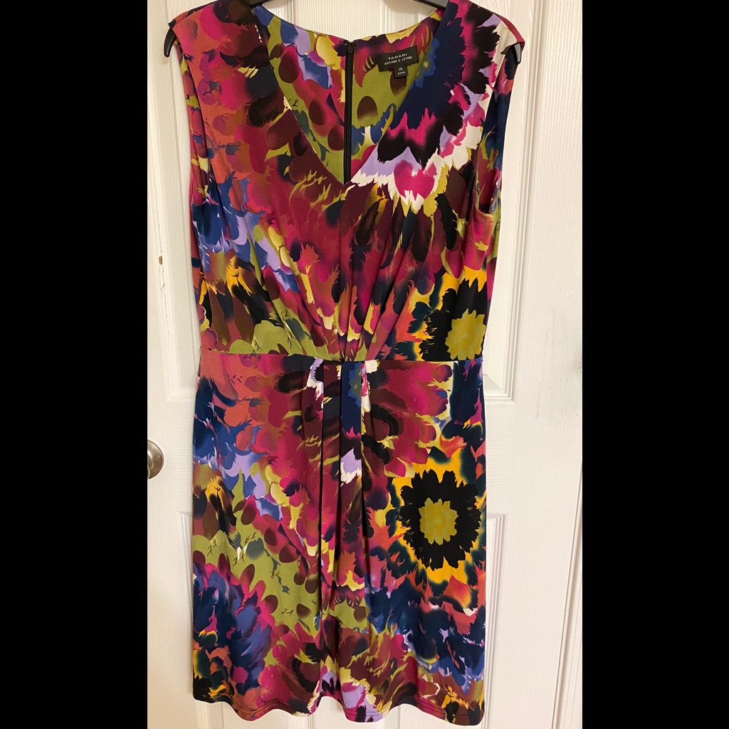 Tahari Red Yellow Floral Print Fully-Lined Sexy Dress Polyester-Blend Size 10